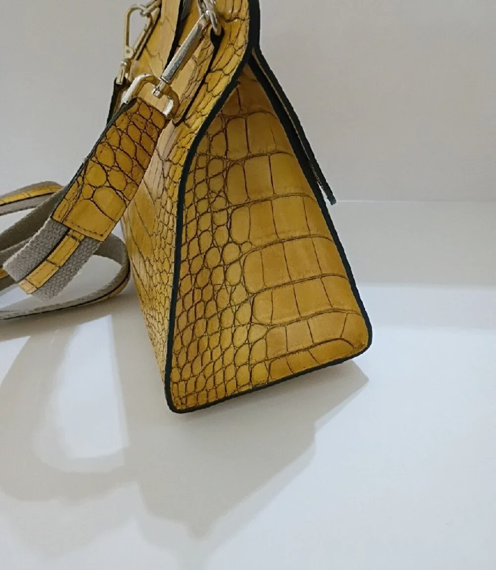Yellow Leather Croc-Embossed Top Handle Bag with Bamboo Accent